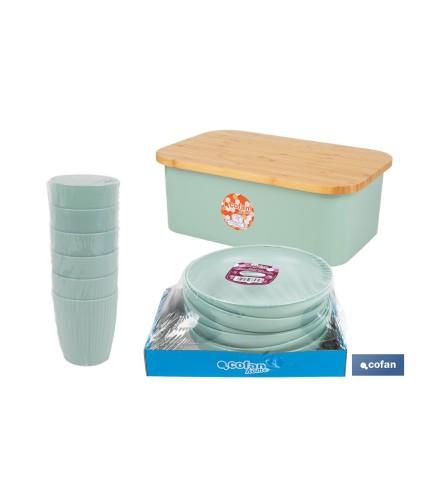 Pack de panera con tapa de bambú, 6 vasos de agua de 400 ml, 6 platos redondos | Disponible en color verde agua y beige