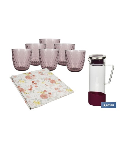 Pack de jarra de vidrio borosilicato, 6 vasos de vidrio y hule antimanchas | Disponible en diferentes colores y diseños