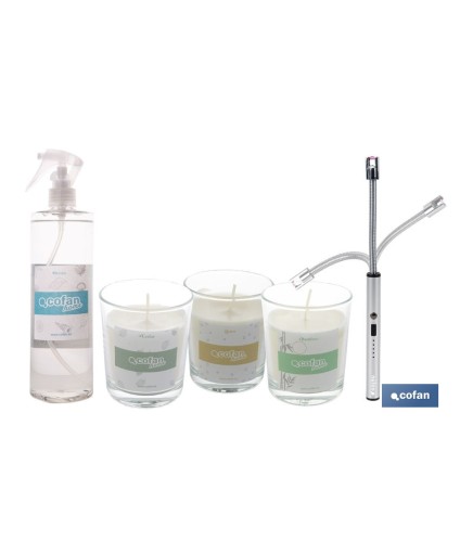 Pack de 3 velas aromáticas, encendedor eléctrico y bruma textil | Velas con aromas a cedro, bambú y lino