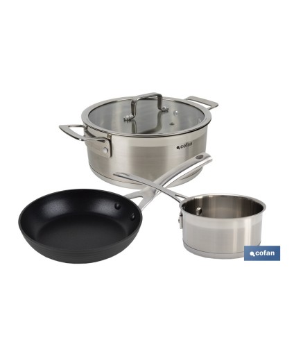 Pack de cacerola (4,3 litros) con tapa y cazo (1 litro) de acero inoxidable, sartén de inducción Ø20 cm