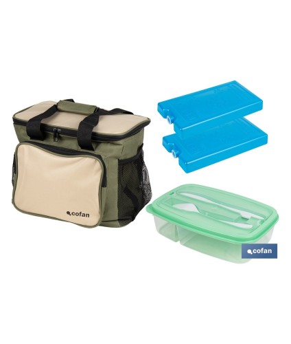 Pack de nevera portátil de 20 litros, 2 acumuladores de frío de 500 ml y fiambrera verde de 1,5 litros con cubiertos
