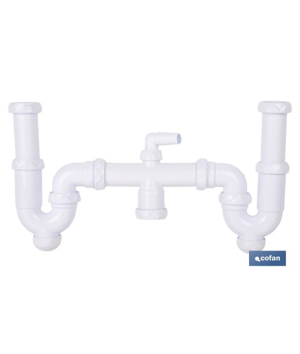 Sifón curvo doble extensible | Salida orientable de Ø32-40 mm y racores de 1 1/2 | Adecuado para fregaderos