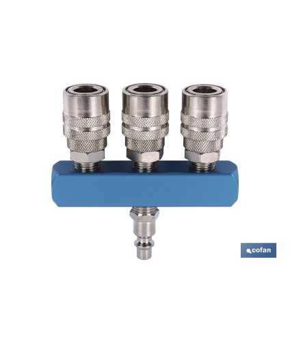 Enchufe rápido con 3 salidas | Acoplador Hembra con rosca hembra BSP 3/8 para instalaciones neumáticas